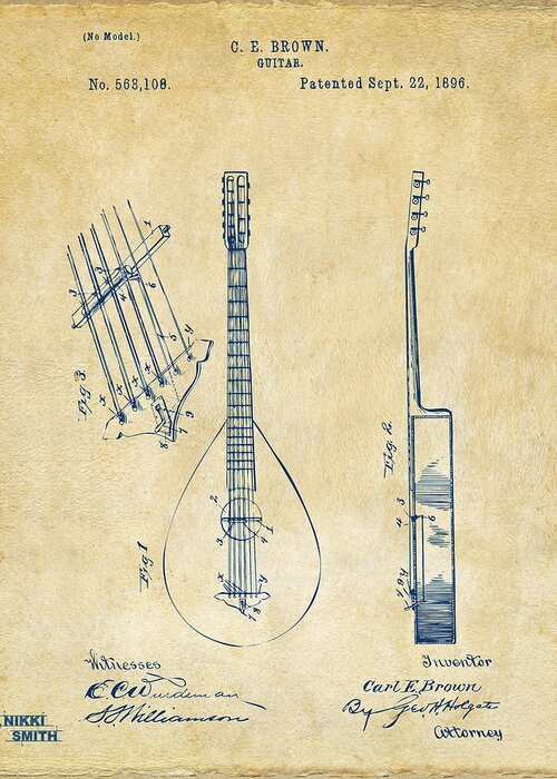 Guitar Greeting Card featuring the drawing 1896 Brown Guitar Patent Artwork - Vintage by Nikki Marie Smith