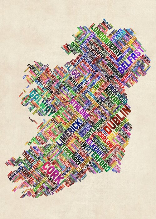 Ireland Map Greeting Card featuring the digital art Ireland Eire City Text Map by Michael Tompsett