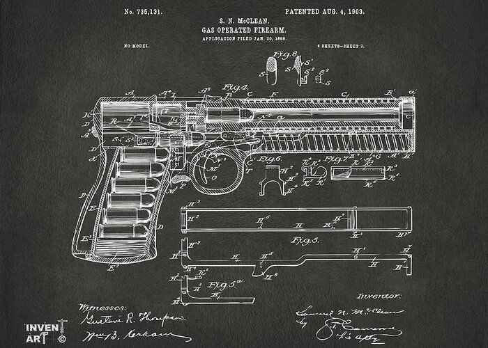 Gun Greeting Card featuring the digital art 1903 McClean Pistol Patent Artwork - Gray by Nikki Marie Smith