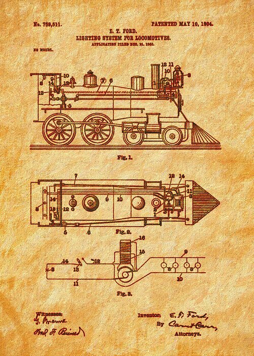 1904 Locomotive Patent Greeting Card featuring the photograph 1904 Locomotive Patent Art-2 by Barry Jones
