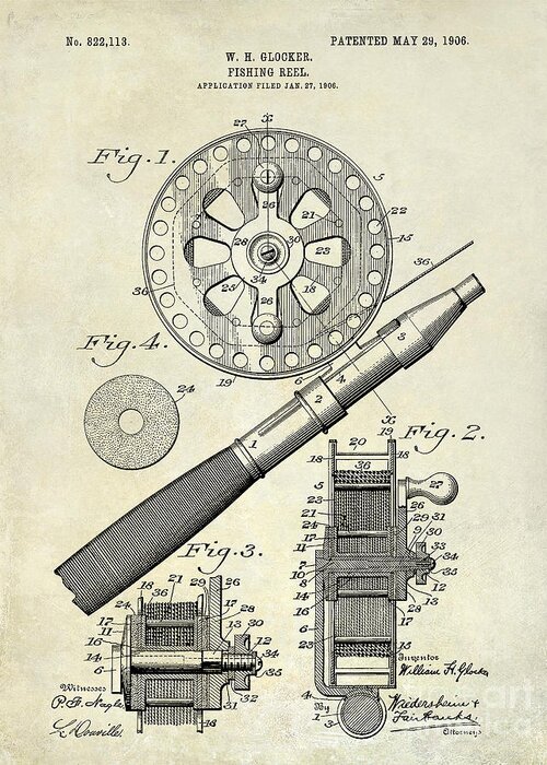 Fishing Basket Greeting Card featuring the photograph 1906 Fishing Reel Patent Drawing by Jon Neidert