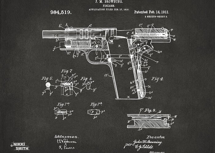 Colt 45 Greeting Card featuring the digital art 1911 Colt 45 Browning Firearm Patent 2 Artwork - Gray by Nikki Marie Smith