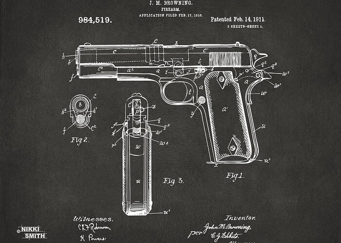 Colt 45 Greeting Card featuring the digital art 1911 Browning Firearm Patent Artwork - Gray by Nikki Marie Smith