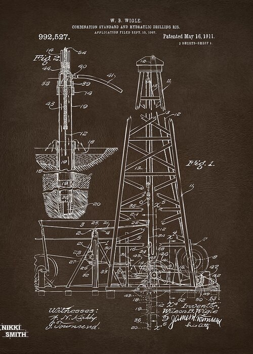 Oil Rig Greeting Card featuring the digital art 1911 Oil Drilling Rig Patent Artwork - Espresso by Nikki Marie Smith