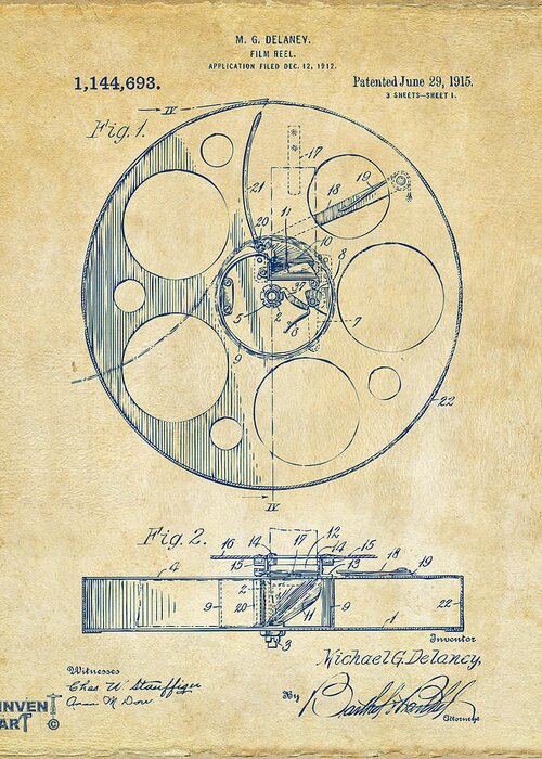Movie Greeting Card featuring the digital art 1915 Movie Film Reel Patent Vintage by Nikki Marie Smith