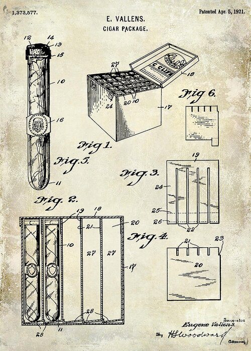 Cigar Greeting Card featuring the photograph 1921 Cigar Package Patent Drawing by Jon Neidert