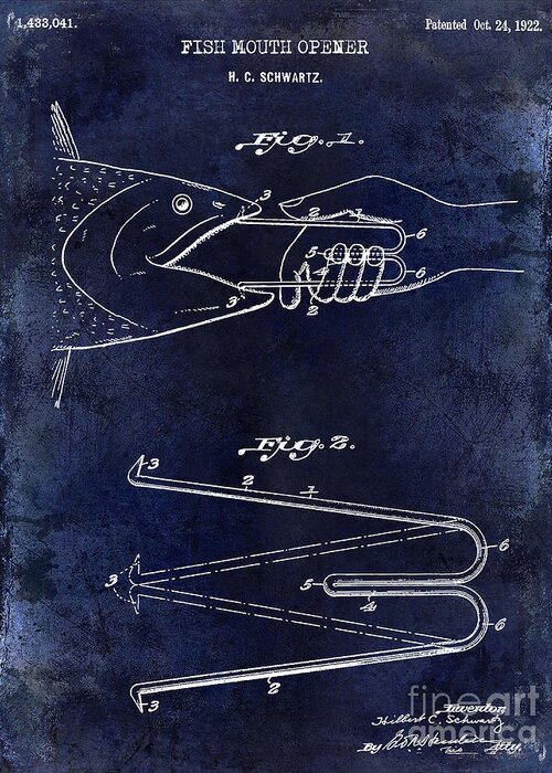 Fish Patent Greeting Card featuring the photograph 1922 Fish Mouth Opener Patent Drawing Blue by Jon Neidert