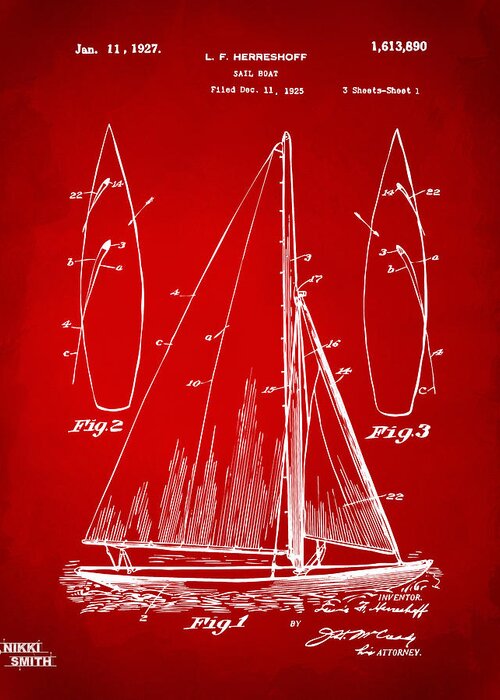 Sailboat Greeting Card featuring the digital art 1927 Sailboat Patent Artwork - Red by Nikki Marie Smith