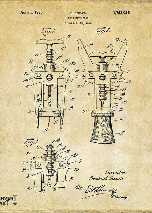 Corkscrew Greeting Card featuring the digital art 1928 Cork Extractor Patent Art - Vintage Black by Nikki Marie Smith