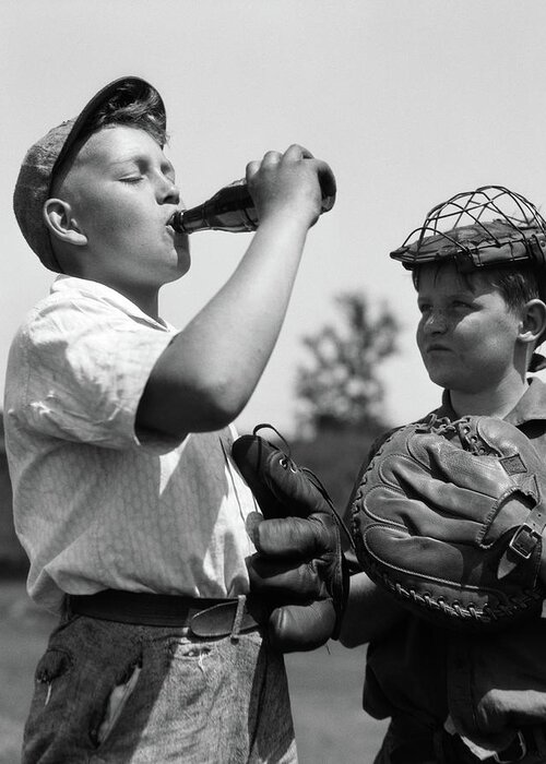 Photography Greeting Card featuring the photograph 1930s Pair Of Boys Wearing Baseball by Vintage Images