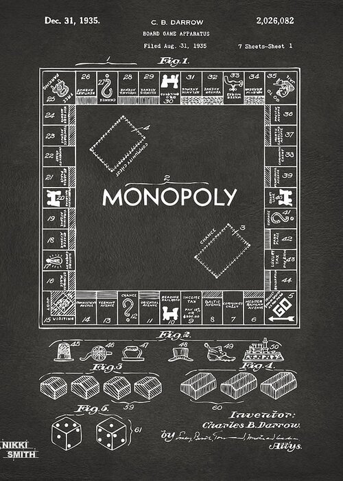 Monopoly Greeting Card featuring the digital art 1935 Monopoly Game Board Patent Artwork - Gray by Nikki Marie Smith