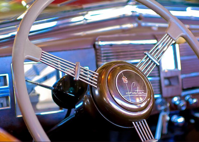 1938 Cadillac V-16 Presidential Convertible Parade Limousine Greeting Card featuring the photograph 1938 Cadillac V-16 Presidential Convertible Parade Limousine Steering Wheel by Jill Reger