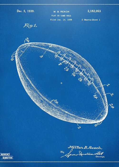 Football Greeting Card featuring the digital art 1939 Football Patent Artwork - Blueprint by Nikki Marie Smith
