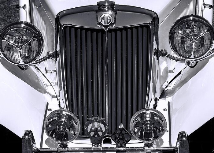 Car Greeting Card featuring the photograph 1939 MG Classic in Black and White by Jordan Blackstone