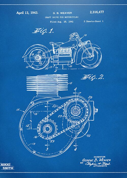 Indian Motorcycle Greeting Card featuring the digital art 1941 Indian Motorcycle Patent Artwork - Blueprint by Nikki Marie Smith