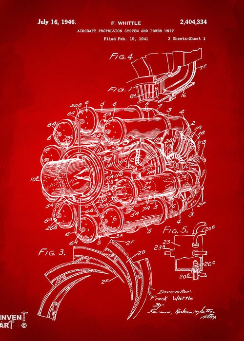 Jet Greeting Card featuring the digital art 1946 Jet Aircraft Propulsion Patent Artwork - Red by Nikki Marie Smith