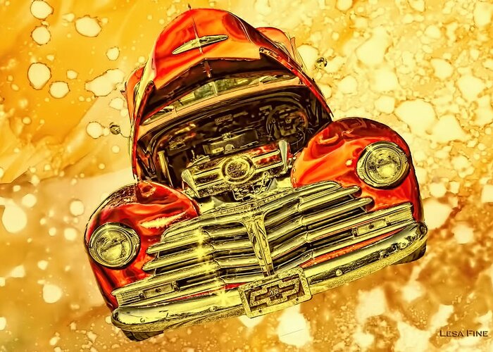 1948 Greeting Card featuring the mixed media 1948 Chevy Gold Acid Art by Lesa Fine