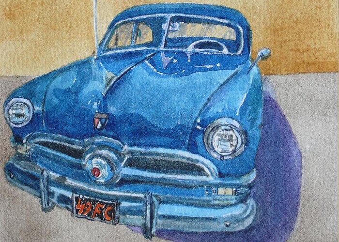 1949 Greeting Card featuring the painting 1949 Blue Ford Coupe Greeting Card Study by Anna Ruzsan