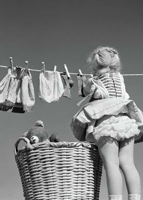 Photography Greeting Card featuring the photograph 1950s Back View Of Girl Hanging Laundry by Vintage Images
