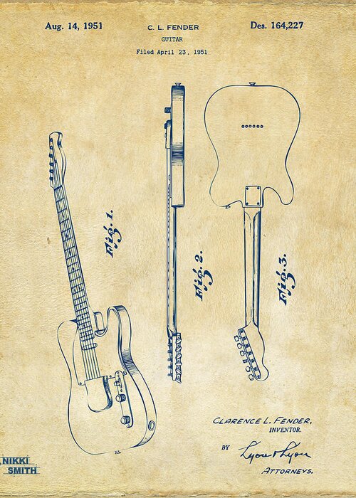 Fender Guitar Greeting Card featuring the digital art 1951 Fender Electric Guitar Patent Artwork - Vintage by Nikki Marie Smith