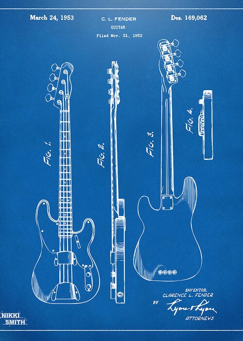 Fender Guitar Greeting Card featuring the drawing 1953 Fender Bass Guitar Patent Artwork - Blueprint by Nikki Marie Smith