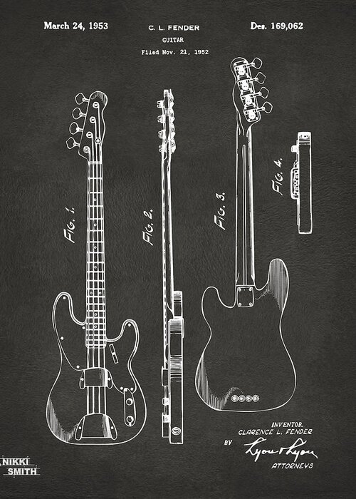 Fender Guitar Greeting Card featuring the digital art 1953 Fender Bass Guitar Patent Artwork - Gray by Nikki Marie Smith