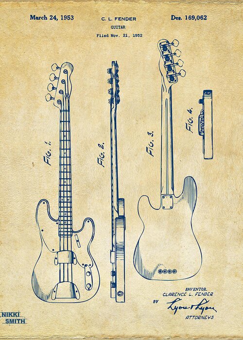Fender Guitar Greeting Card featuring the digital art 1953 Fender Bass Guitar Patent Artwork - Vintage by Nikki Marie Smith