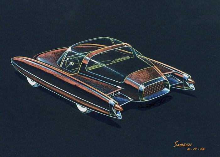  Car Concepts Greeting Card featuring the drawing 1954 Ford Cougar experimental car concept design concept sketch by John Samsen