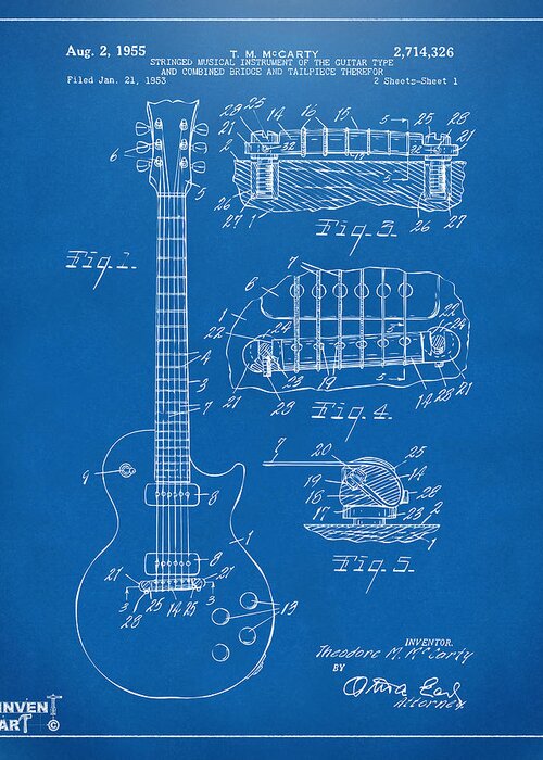 Guitar Greeting Card featuring the digital art 1955 McCarty Gibson Les Paul Guitar Patent Artwork Blueprint by Nikki Marie Smith