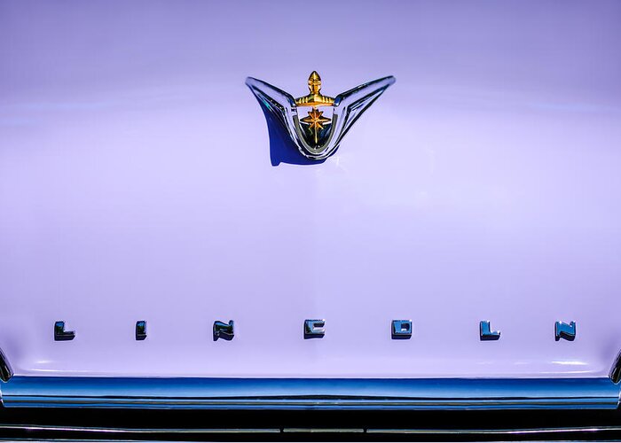 1956 Lincoln Premiere Hood Ornament Greeting Card featuring the photograph 1956 Lincoln Premiere Hood Ornament - Embelm -1110c by Jill Reger