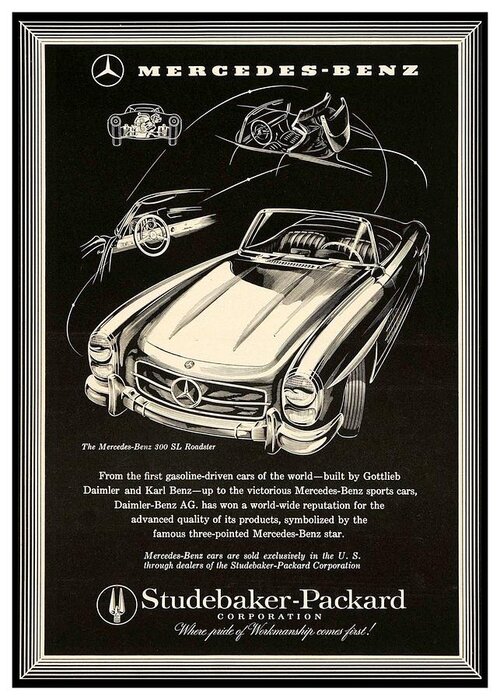 1957 Greeting Card featuring the digital art 1957 - Mercedes-Benz Roadster Advertisement - Studebaker-Packard by John Madison