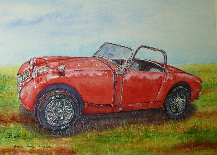 Austin-healey Greeting Card featuring the painting 1958 Austin Healey Sprite Bugeye before restoration by Anna Ruzsan