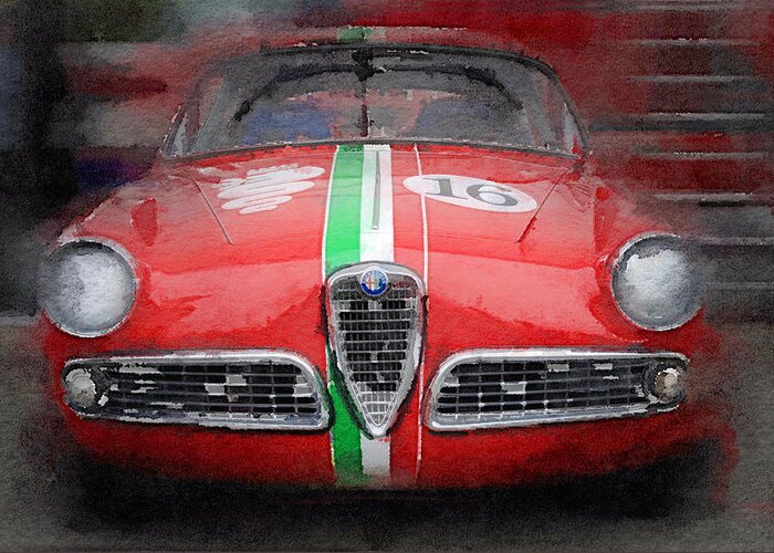 Alfa Romeo Giulietta Greeting Card featuring the digital art 1959 Alfa Romeo Giulietta Watercolor by Naxart Studio