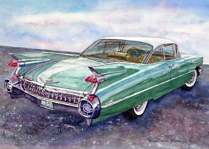 1959 Cadillac Greeting Card featuring the painting 1959 Cadillac Cruising by Anna Ruzsan