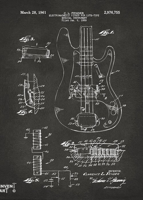 Guitar Greeting Card featuring the digital art 1961 Fender Guitar Patent Artwork - Gray by Nikki Marie Smith