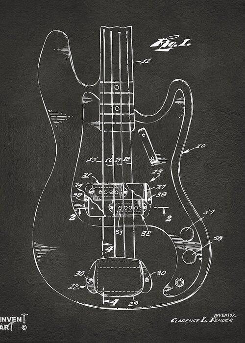 Guitar Greeting Card featuring the digital art 1961 Fender Guitar Patent Minimal - Gray by Nikki Marie Smith