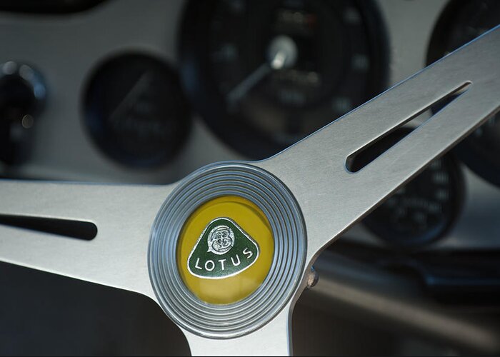 1961 Lotus Elite Series Ii Coupe Steering Wheel Emblem Greeting Card featuring the photograph 1961 Lotus Elite Series II Coupe Steering Wheel Emblem by Jill Reger
