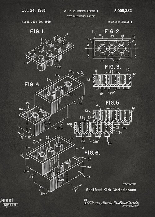 Toy Greeting Card featuring the digital art 1961 Toy Building Brick Patent Art - Gray by Nikki Marie Smith