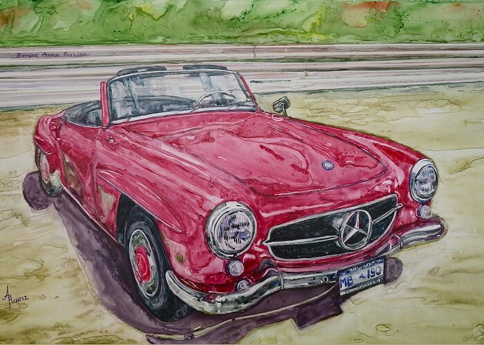 Watercolor Greeting Card featuring the painting 1962 Mercedes Benz 190SL by Anna Ruzsan