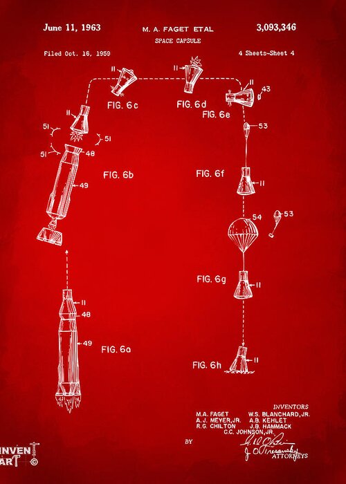 Space Capsule Greeting Card featuring the digital art 1963 Space Capsule Patent Red by Nikki Marie Smith