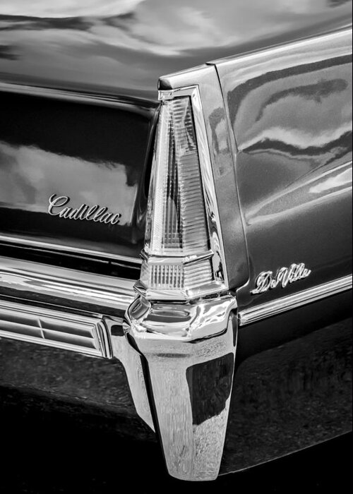 1969 Cadillac Deville Taillight Emblems Greeting Card featuring the photograph 1969 Cadillac DeVille Taillight Emblems -0890bw by Jill Reger