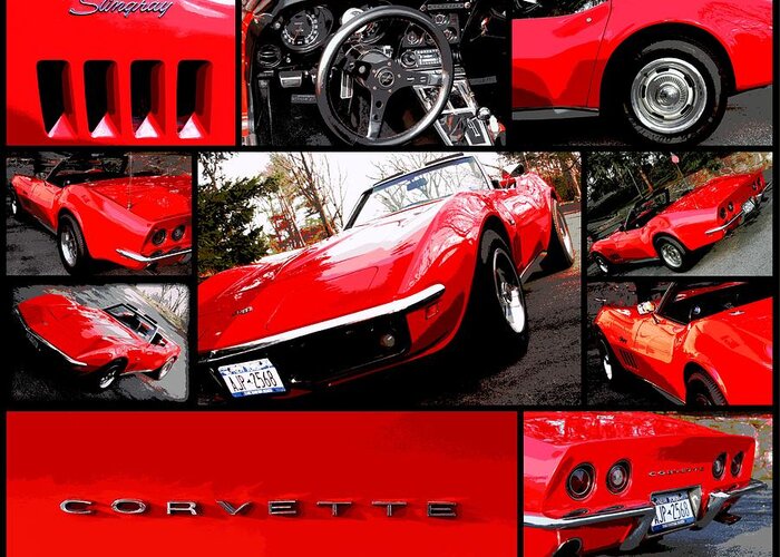 Red Car Greeting Card featuring the photograph 1969 Chevrolet Corvette Stingray Pop Art Collage 1 by Aurelio Zucco