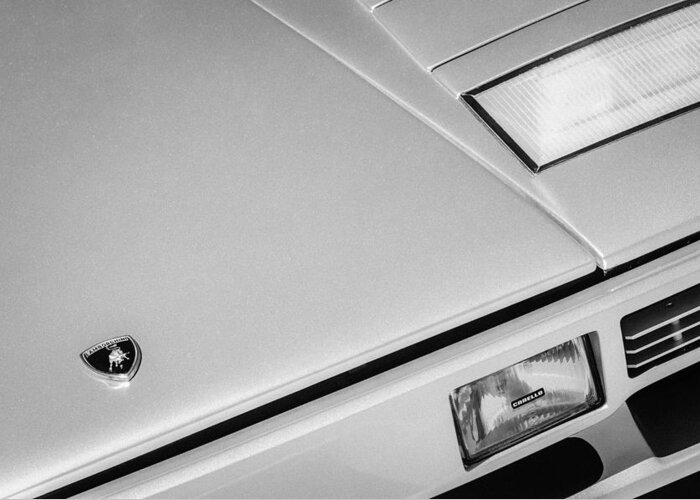 1982 Lamborghini Countach 5000s Hood Emblem Greeting Card featuring the photograph 1982 Lamborghini Countach 5000S Hood Emblem -1518bw by Jill Reger