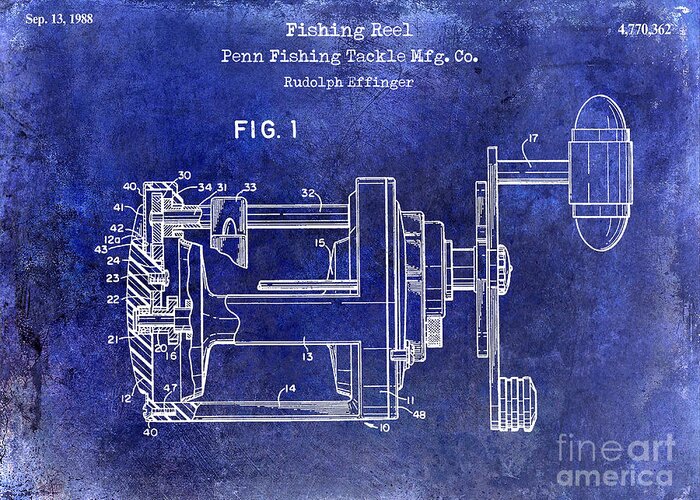 Penn Greeting Card featuring the photograph 1988 Penn Fishing Reel Patent Drawing Blue by Jon Neidert
