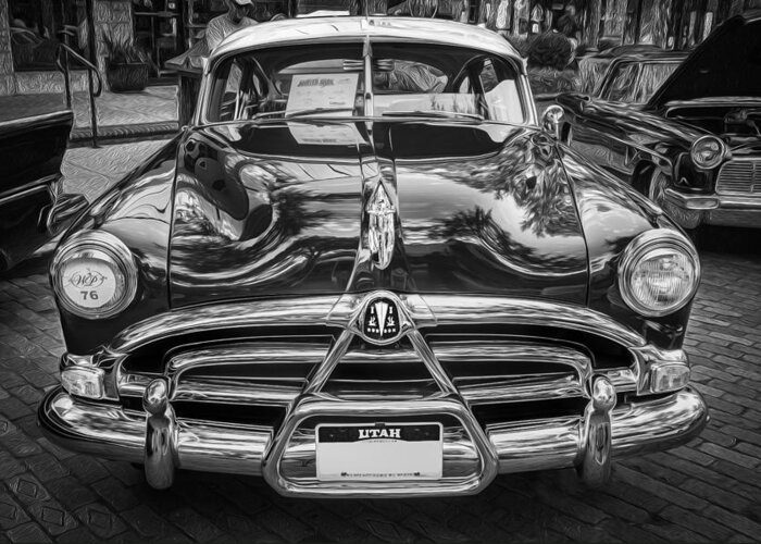 1952 Hudson Greeting Card featuring the photograph 1952 Hudson Hornet 4 door Sedan Twin H Power painted BW #2 by Rich Franco