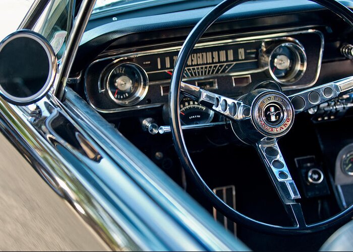 1965 Shelby Prototype Ford Mustang Steering Wheel Greeting Card featuring the photograph 1965 Shelby prototype Ford Mustang Steering Wheel Emblem #5 by Jill Reger