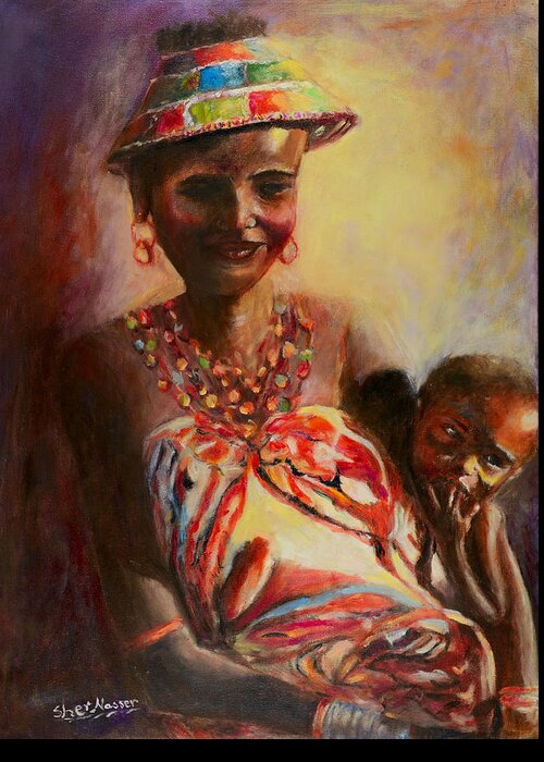 Sher Nasser Artist Greeting Card featuring the painting African Mother and Child by Sher Nasser Artist