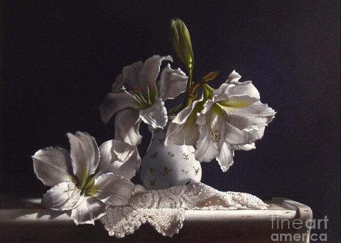 White Amaryllis Greeting Card featuring the painting AMARYLLIS study #2 by Lawrence Preston