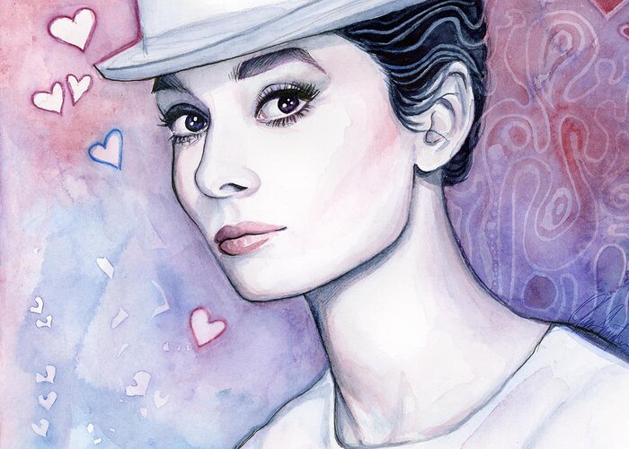 Audrey Greeting Card featuring the painting Audrey Hepburn Fashion Watercolor #2 by Olga Shvartsur