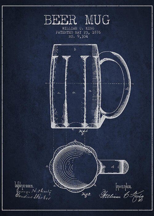Beer Mug Greeting Card featuring the digital art Beer Mug Patent from 1876 - Navy Blue by Aged Pixel